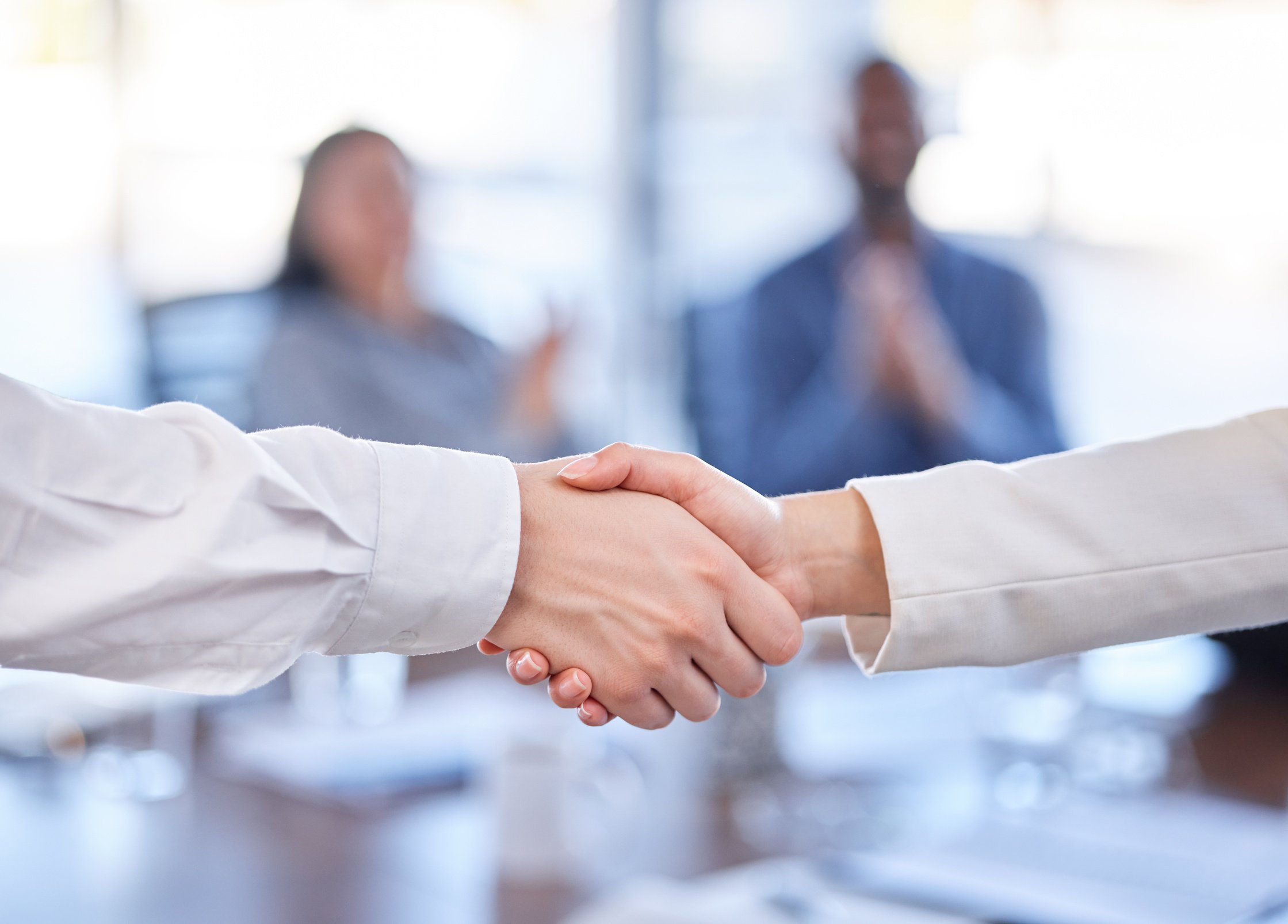 Handshake, teamwork and b2b partnership, agreement or deal, contract or onboarding. Thank you, welcome and business people shaking hands for collaboration, hiring or crm, recruitment or greeting.