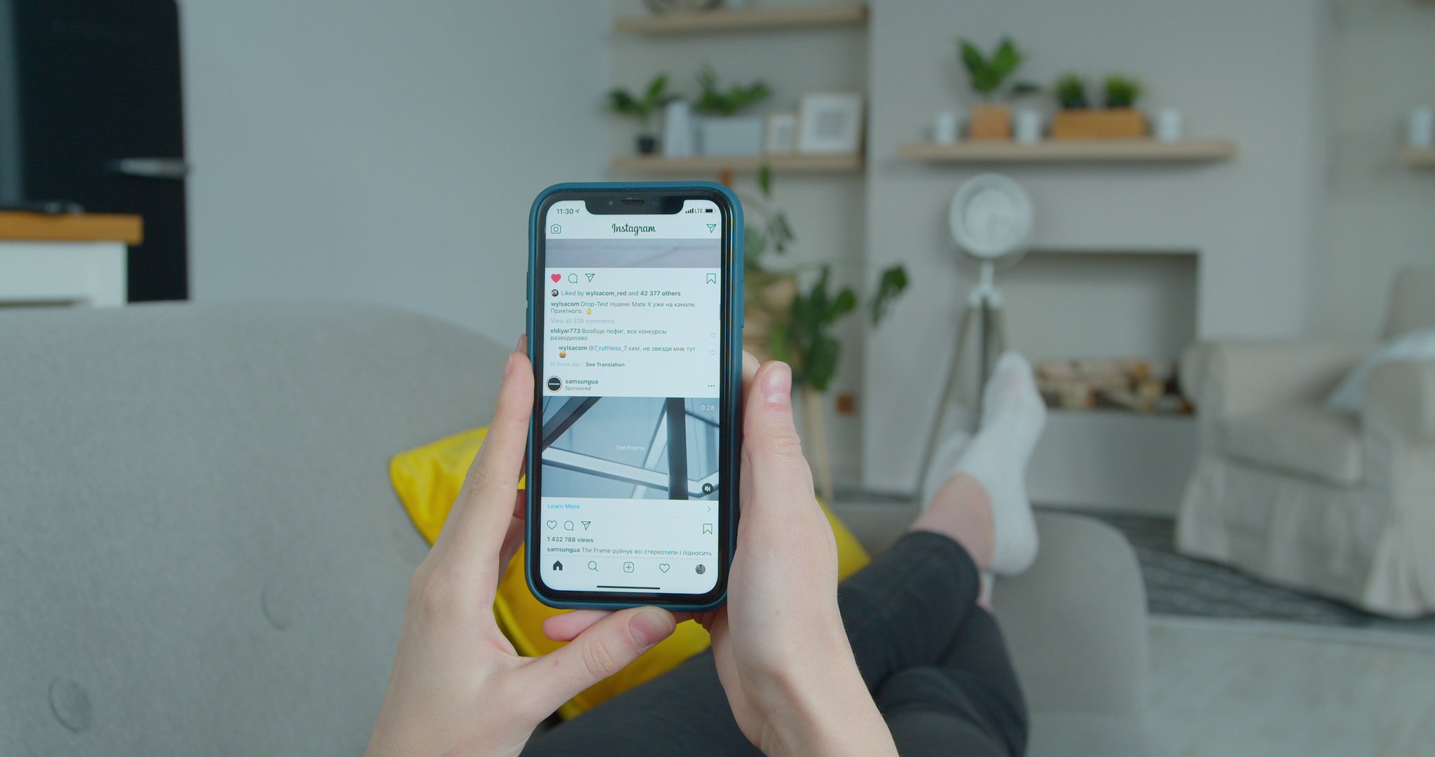 Woman at Home Lying on a Couch Using Smartphone Scrolling through Instagram Feed, Doing Swiping, Scrolling Gestures.